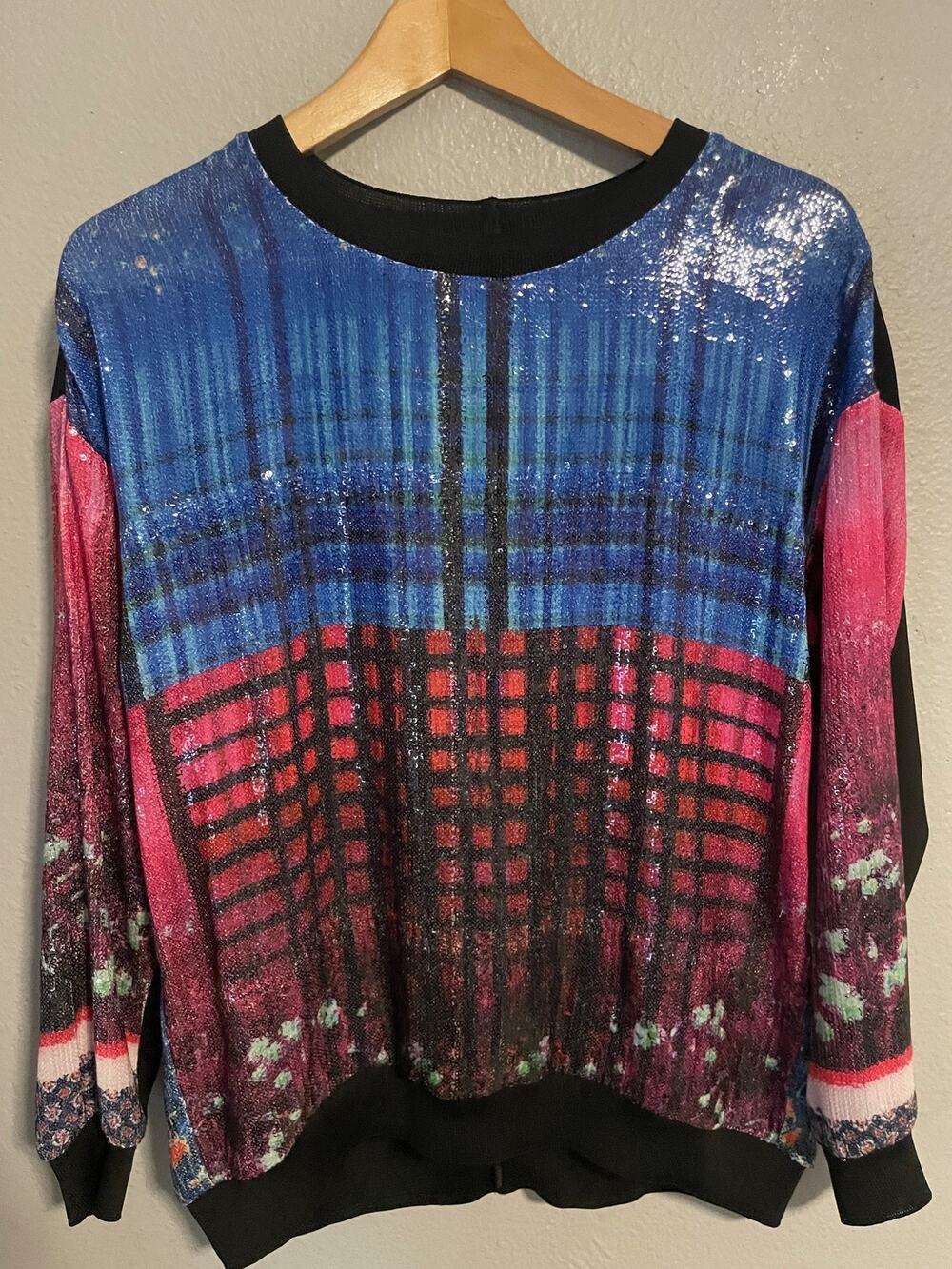 Clover Canyon Womens Top Size Small Blue Pink Graphic Print Sequin Artsy Wacky